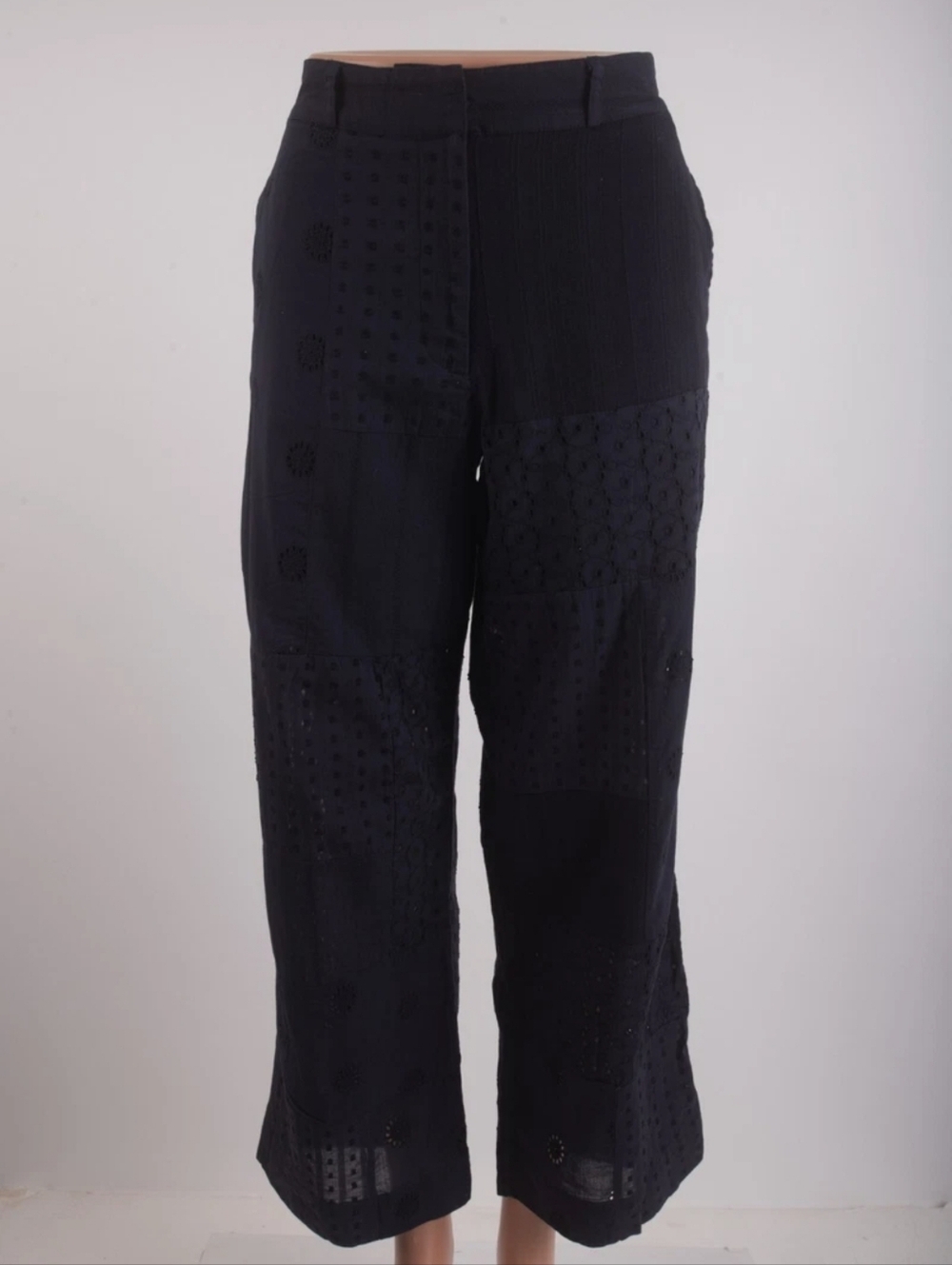 Zara Eyelet Lace Patchwork Navy Blue Embroidered Wide-Leg Pants Size Medium